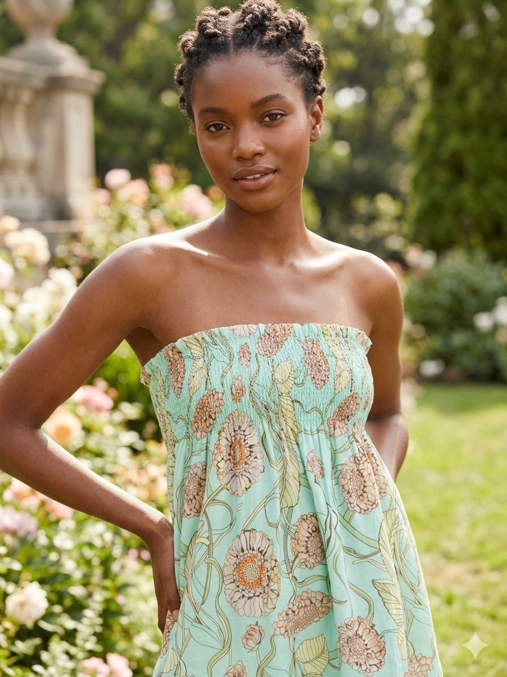 Derek Heart Strapless Floral Tunic in Mint and Beige